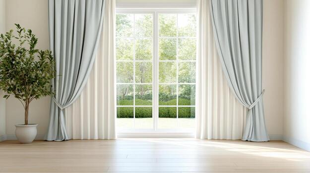 Elegant curtains framing bright window with view of greenery photo