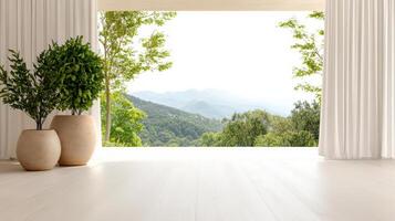 serene interior with soft drapes framing beautiful mountain view photo