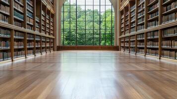 spacious library with wooden shelves and large windows overlooking greenery photo