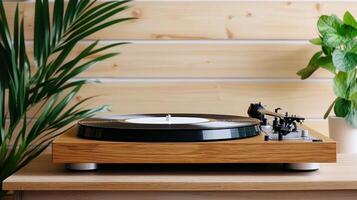 vintage record player on wooden table with plants in cozy setting photo
