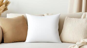 Cozy sofa with decorative pillows in warm lighting, perfect for relaxation photo