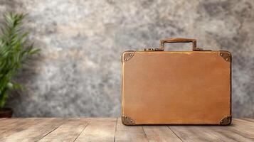 Vintage suitcase on wooden table with plant in background photo