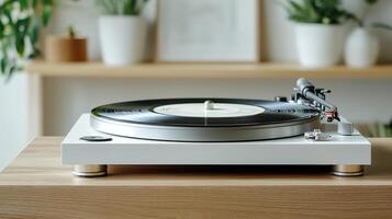 Vinyl record player on wooden table with plants in background photo