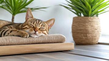 Sleeping cat on cozy bed with plants in bright room photo