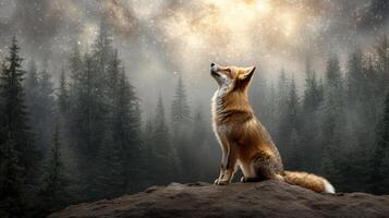 cosmic fox gazes at starry sky in mystical forest setting photo
