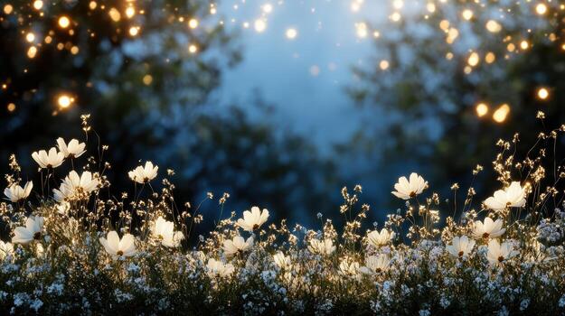 sereno jardín escena con brillante flores y suave bokeh luces foto