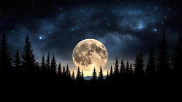 giant moon illuminates forest landscape under starry sky photo