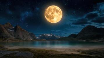 stunning cosmic landscape featuring giant moon illuminating serene lake surrounded by mountains photo