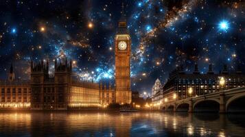 cosmic landscape featuring giant clock tower amidst starry night photo