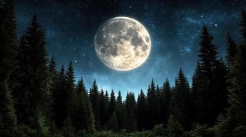 giant moon illuminates serene forest landscape under starry sky photo