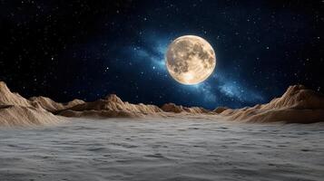 cosmic landscape featuring giant moon rising over hills, creating serene atmosphere photo