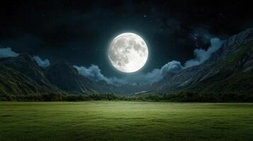 cosmic landscape featuring giant moon illuminating serene valley photo