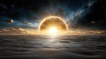 cosmic landscape with giant sun setting over vast horizon, creating serene atmosphere photo