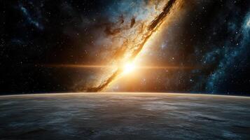 cosmic landscape featuring giant sun setting over galaxy, evoking wonder photo