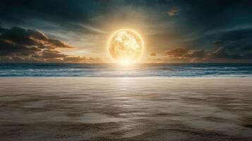 cosmic landscape with giant sun setting over tranquil ocean photo