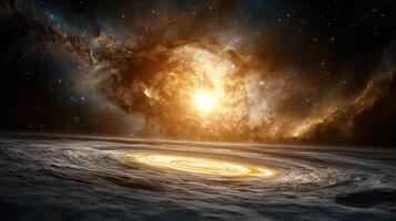 cosmic landscape featuring giant sun setting over galaxy, creating stunning view photo