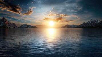 tranquil sunset over serene lake with mountains in background photo