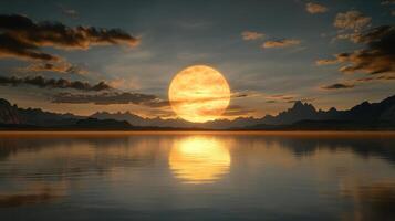 tranquil cosmic landscape featuring giant sun setting over calm waters, reflecting serene beauty photo