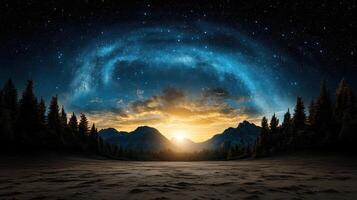 cosmic landscape with shimmering aurora over majestic mountains photo