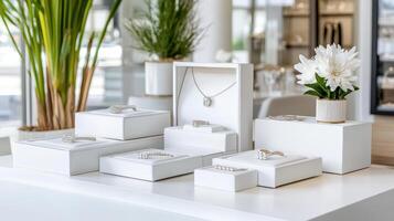 Elegant jewelry display with sparkling gems and modern decor photo