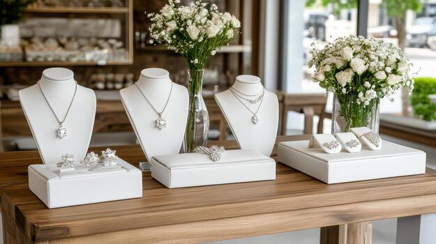 elegante joyería monitor con espumoso gemas y floral preparativos foto