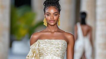 Elegant model showcasing stunning fashion design on runway photo