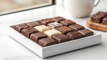 Gourmet chocolate display with elegant packaging and various flavors photo