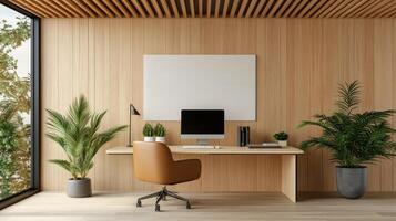 Modern workspace with stylish furniture, plants, and natural light photo
