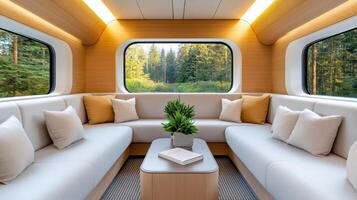 Cozy lounge area with plush seating and large windows overlooking nature photo