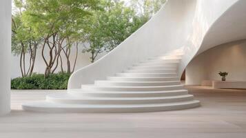 minimalist staircase in serene building surrounded by greenery photo