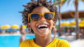 Joyful boy with curly hair wearing yellow sunglasses by poolside photo