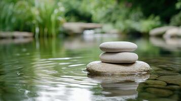 Serene stacked stones in tranquil garden pond reflecting nature beauty photo