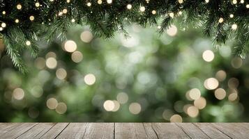 Lush green bokeh with warm lights and wooden surface for festive decor photo