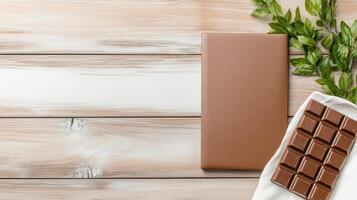 Rich chocolate packaging mockup with fresh mint leaves photo