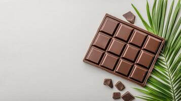 Delicious chocolate bar with pieces on light background and green leaves photo