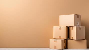 Stacked cardboard boxes on vibrant orange background, ideal for packaging photo