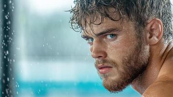 Intense fighter face, sweat dripping, focused expression, determination photo