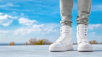close up of white sneakers on person standing outdoors against blue sky photo