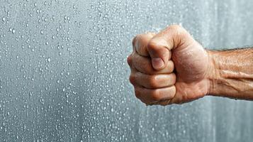 close up of fist striking wet surface, showcasing determination and strength photo