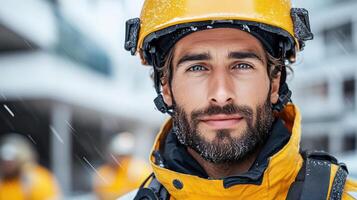 close up of first responder face showing determination and focus in snowy environment photo