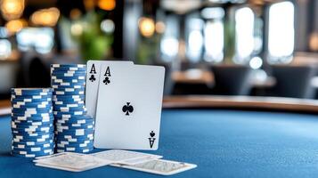 close up of poker table with chips and cards ready for play photo