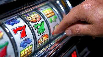 close up of hand pulling slot machine handle, evoking excitement and anticipation photo