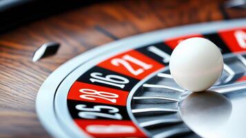 close up of roulette wheel with ball in motion, creating excitement photo