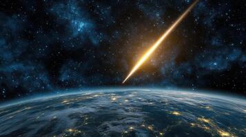 glowing meteor streaks through space, entering Earth atmosphere photo
