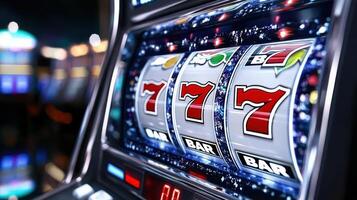 close up of slot machine displaying three sevens, evoking excitement and luck photo