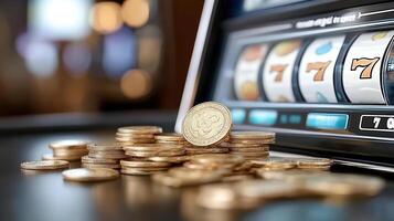 close up of slot machine with coins spilling out, showcasing excitement and chance photo