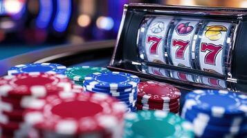 close up of slot machine showing big win with colorful chips photo
