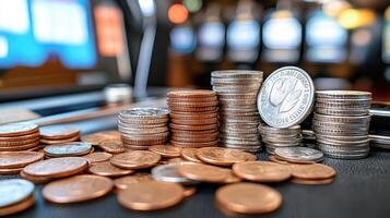 Close up of coins spilling from slot machine, showcasing excitement and chance photo