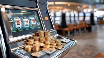 close up of slot machine with coins spilling out, showcasing excitement and winnings photo