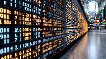 close up of stock ticker tape displaying fluctuating numbers and data photo